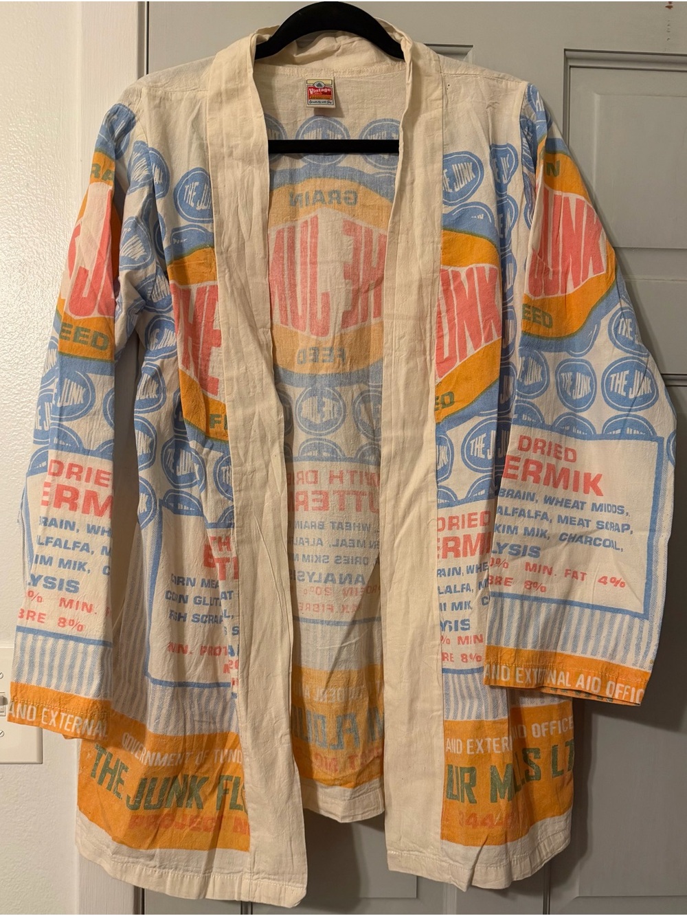 Vintage Printed Cotton Kimono Jacket in Cream, Blue & Orange